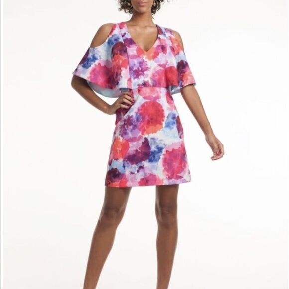 TRINA TURK Dress Size 8 Pink Floral Oakhurst Watercolor Cold Shoulder - Picture 1 of 15